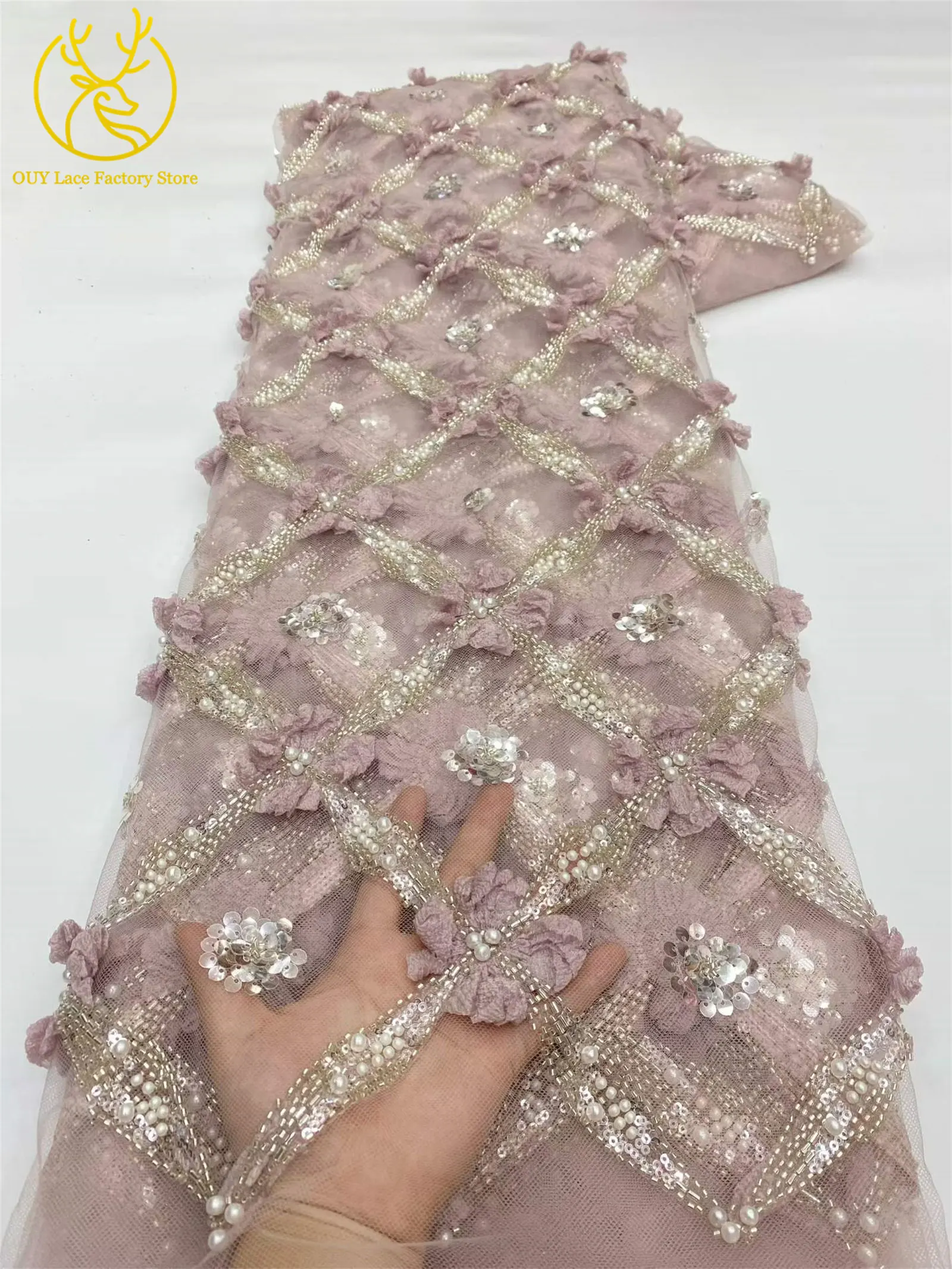 Eleganter, modischer nigerianischer 3D-Tüll-Pailletten-Spitzenstoff, hochwertiger afrikanischer Perlen-Spitzenstoff zum Nähen von Hochzeitskleidern, 5 Yards – Detail 10