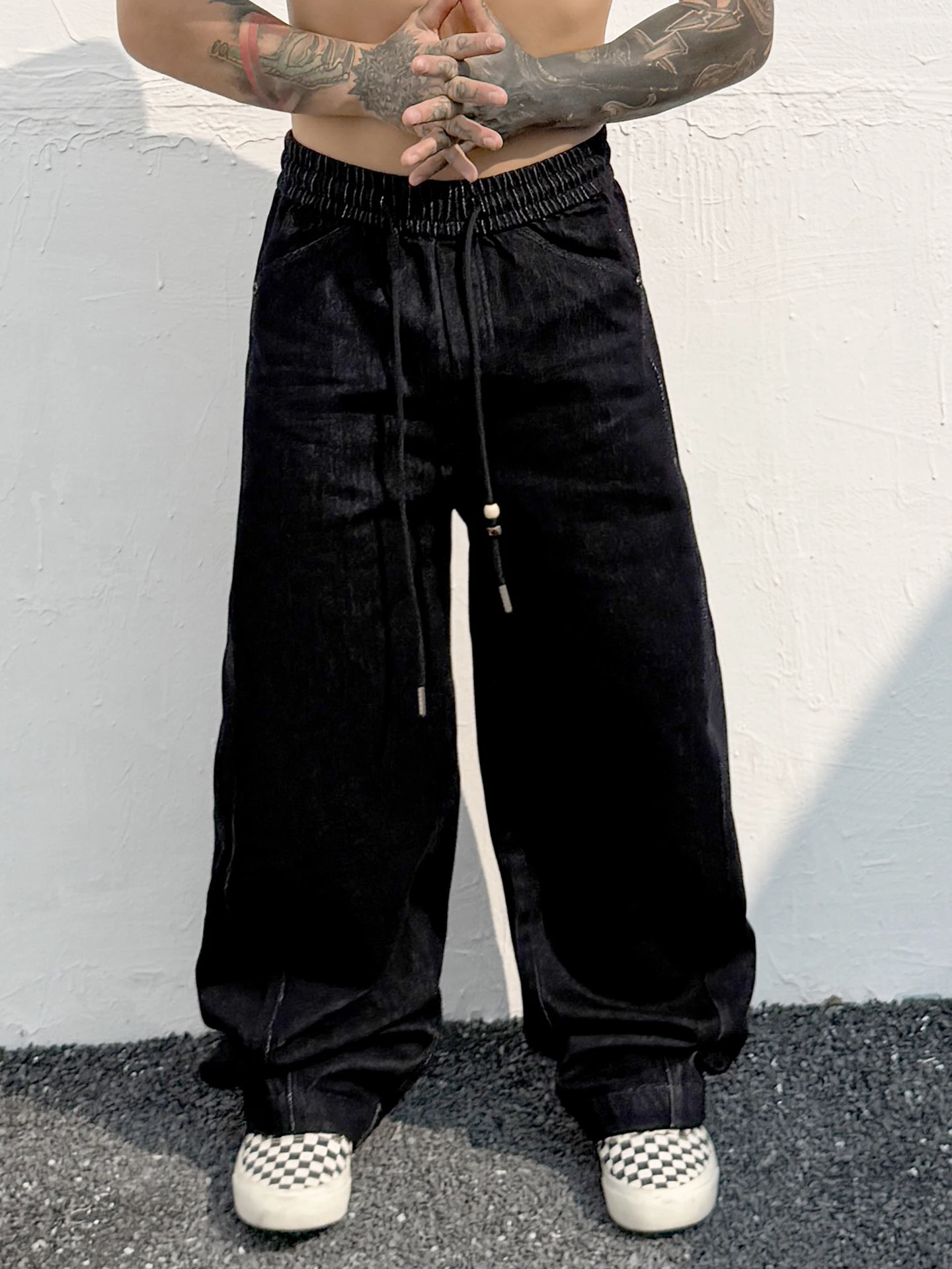 

Мужские черные джинсы свободного кроя с завязками, повседневные брюки прямого кроя из хлопка с эластичным поясом, длинные штаны с эффектом потертости