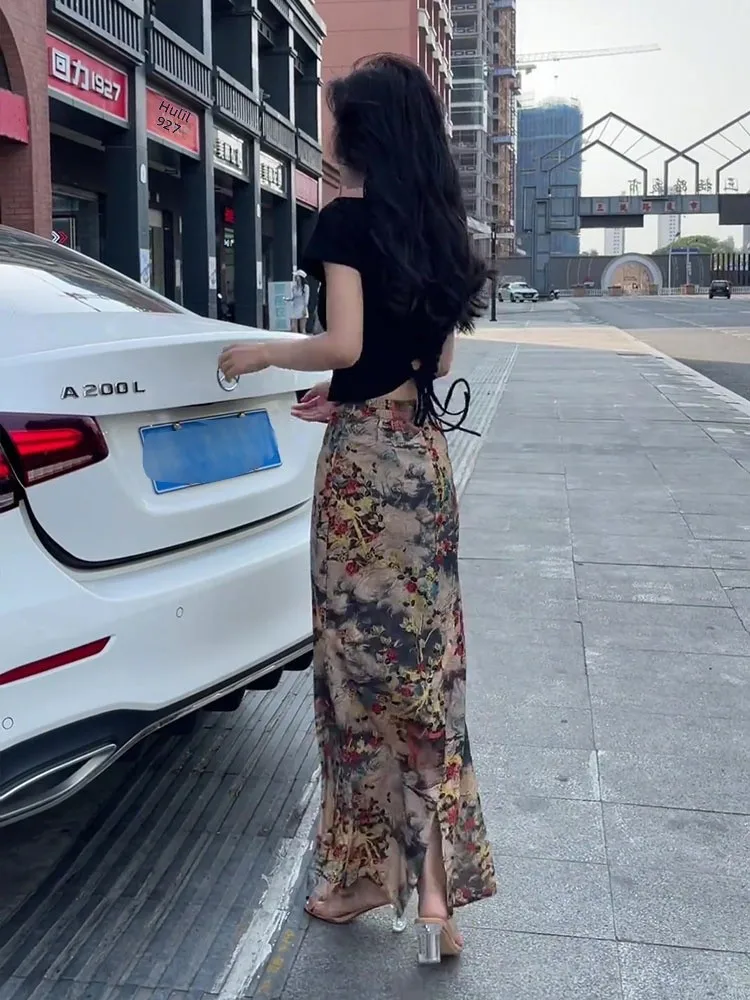 

Ретро-юбка А-силуэта с цветочным принтом и высокой талией, женская летняя новинка, элегантная, стройнящая, с разрезом, облегающая, длинная юбка