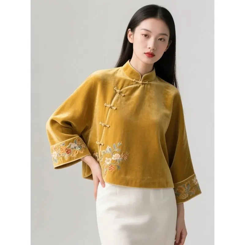 

2025 Autumn New Stand Collar Yellow Top Women's New Chinese Style National Style Retro Niche Shirt
