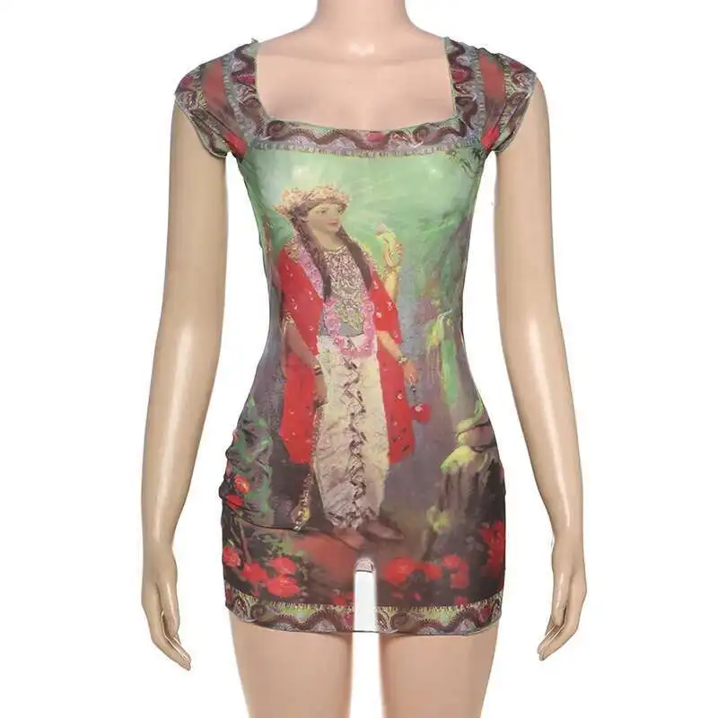 

Spring New 2025 Women's Personalized Street Short Sleeved U-neck Fashion Printed High Waisted Dress Robe Vestido Women Elegant