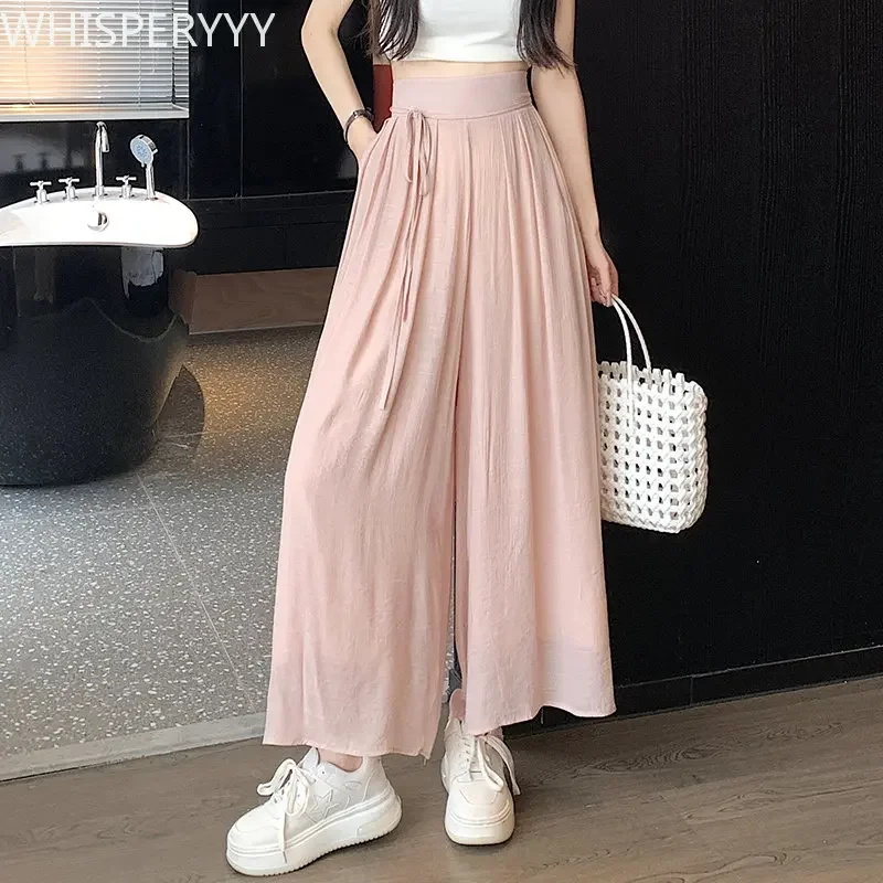 2024 Casual Pants Women Summer Thin Design Sense Lace-up High Waist Straight Nine Points Wide Leg Trouser Skirt Elegant Fashion