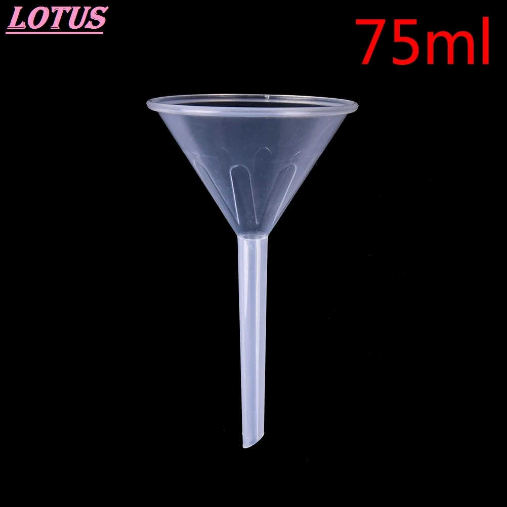 Laboratoryjny lejek do perfum o średnicy ustnej 1/2" i pojemności 75 ml. Mini i przezroczysty, biały plastikowy lejek filtrujący