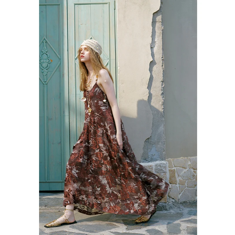 ELFSACK Women's Vintage Maxi Cami Dress with Leaf Print, Loose Retro Adjustable Beaded Strap Irregular Hem Dress for Vacation