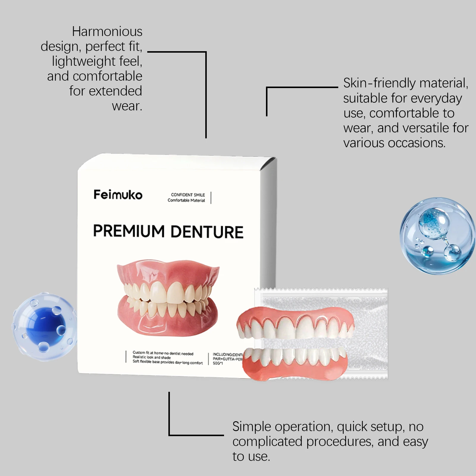 Feimuko Denture Replacement Set Natural Fit Teeth Care Kit Daily Oral Hygiene Gentle Application Easy Fit Wear