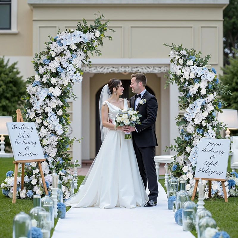 الأزرق الأبيض زهرة صف الزفاف خلفية القرن قوس ديكور الورد السحلية الخضراء أوراق النعناع ترتيب الأزهار الدعائم الطرف A8798