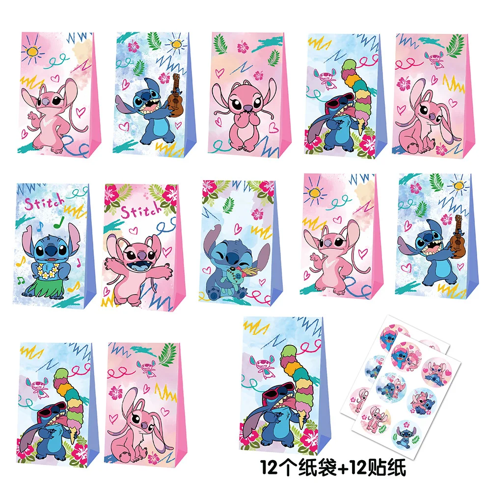 12Pcs Disney Lilo & Stitch Favor Gift Paper Bags with Stickers Stitch Birthday Candy Packing Bags for Baby Shower Party Suppl