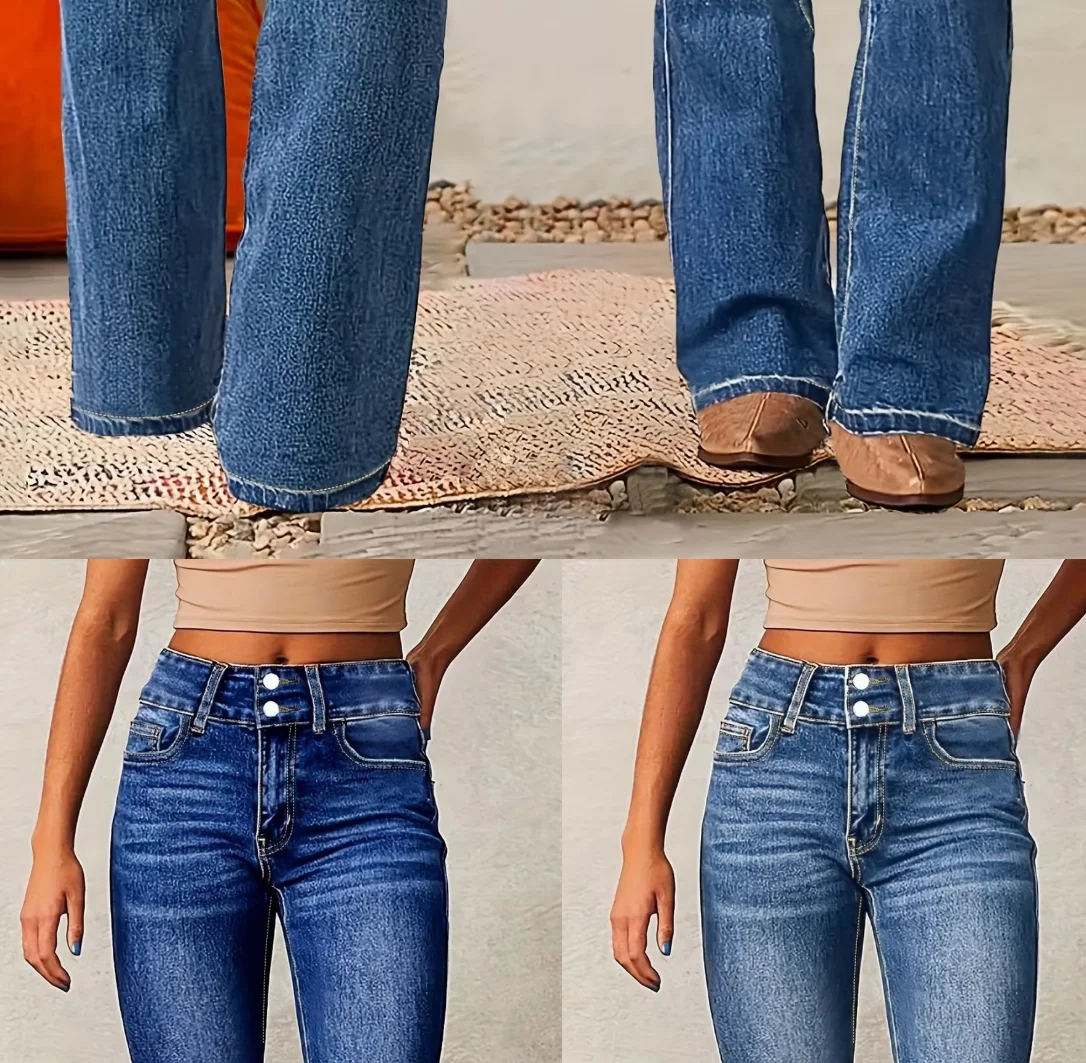 Jeans Flare Pant Women Denim Long Pants Bodycon Casual Y2k Elegant Vintage Button Pocket Straight Trousers Zipper Streetwear