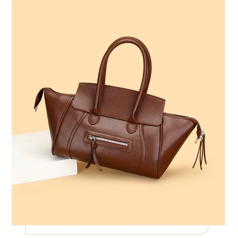 Women Retro Wing Tote Handbag, Large Capacity Zip Pocket Design Solid Color Business Commute Shoulder Purse