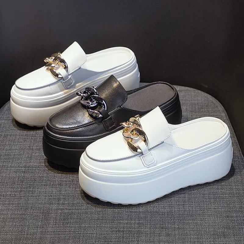 New 8cm Genuine Leather Platform Shoes Wedge Slippers Chain Women Summer Shoes Mules Sandals Slides for Women Casual Party Shoes