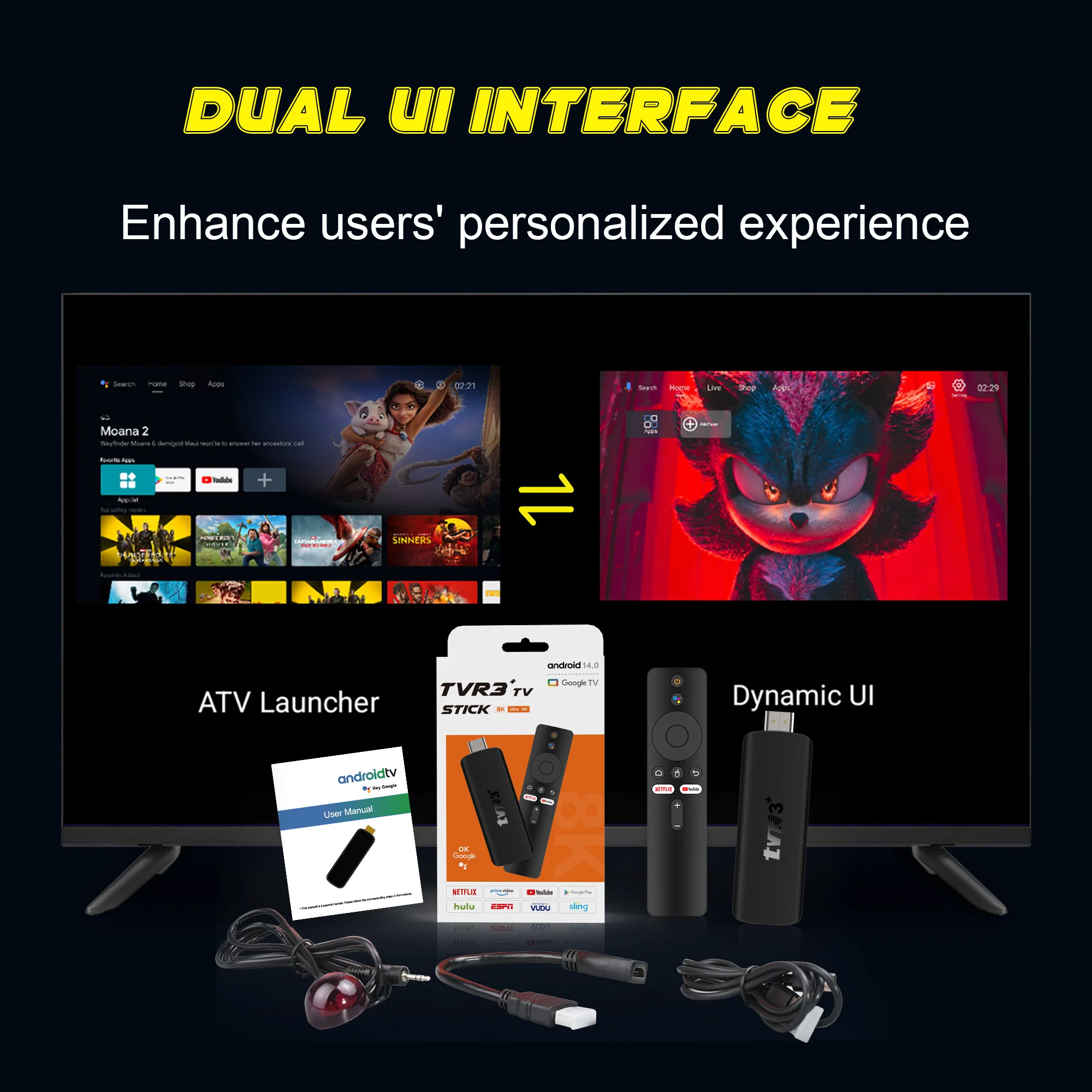 TVR3+ high-performance Device Dual UI Google Voice Remote RK3518 Android 14.0 2GB RAM 16GB ROM Wi-Fi 6 BT5 Smart TV Stick