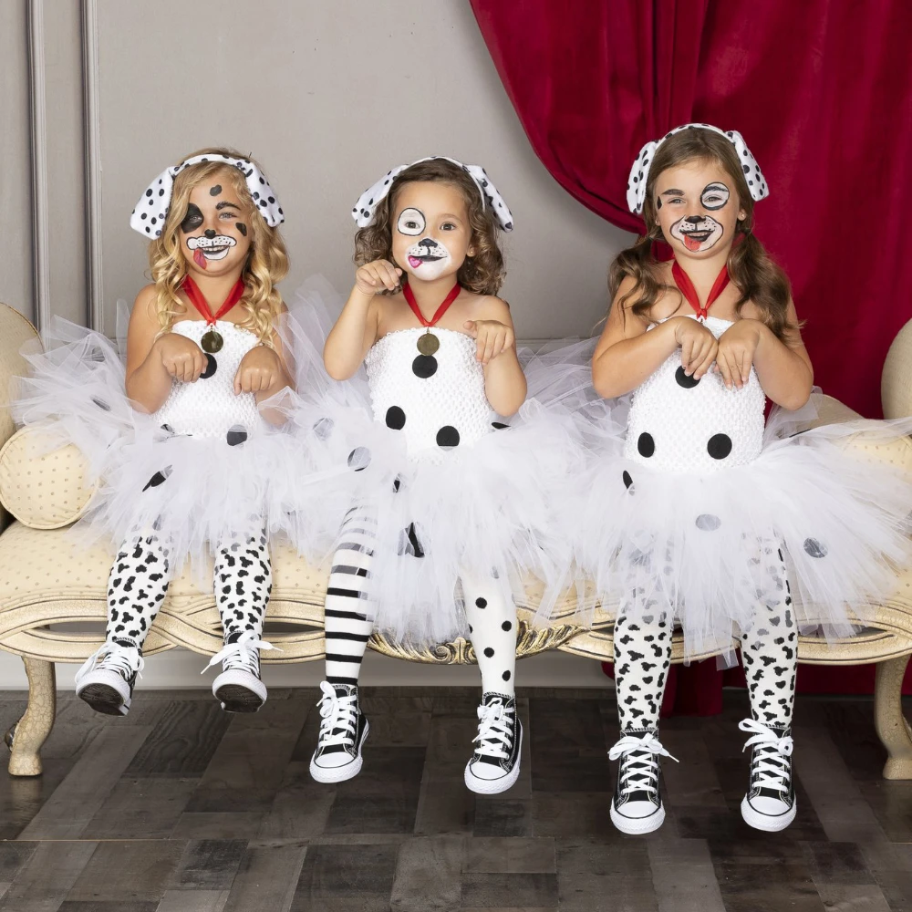 Dalmatian Dog Tutu Dress White Black Spotted Animal Halloween Costume for Puppy Dressing up Outfit