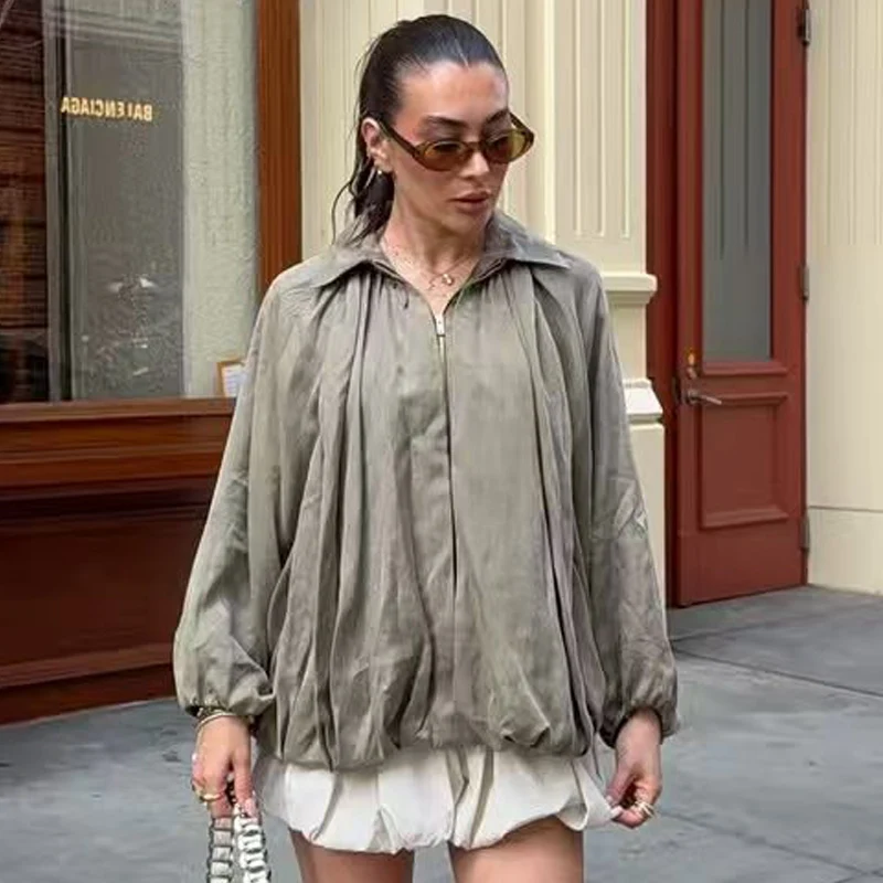 HXAO Women's Jackets Oversized Bomber Jacket Green Off White Outerwear Puff Plus Size Long Sleeve Coat Chic Elegant Loose Jacket view 5