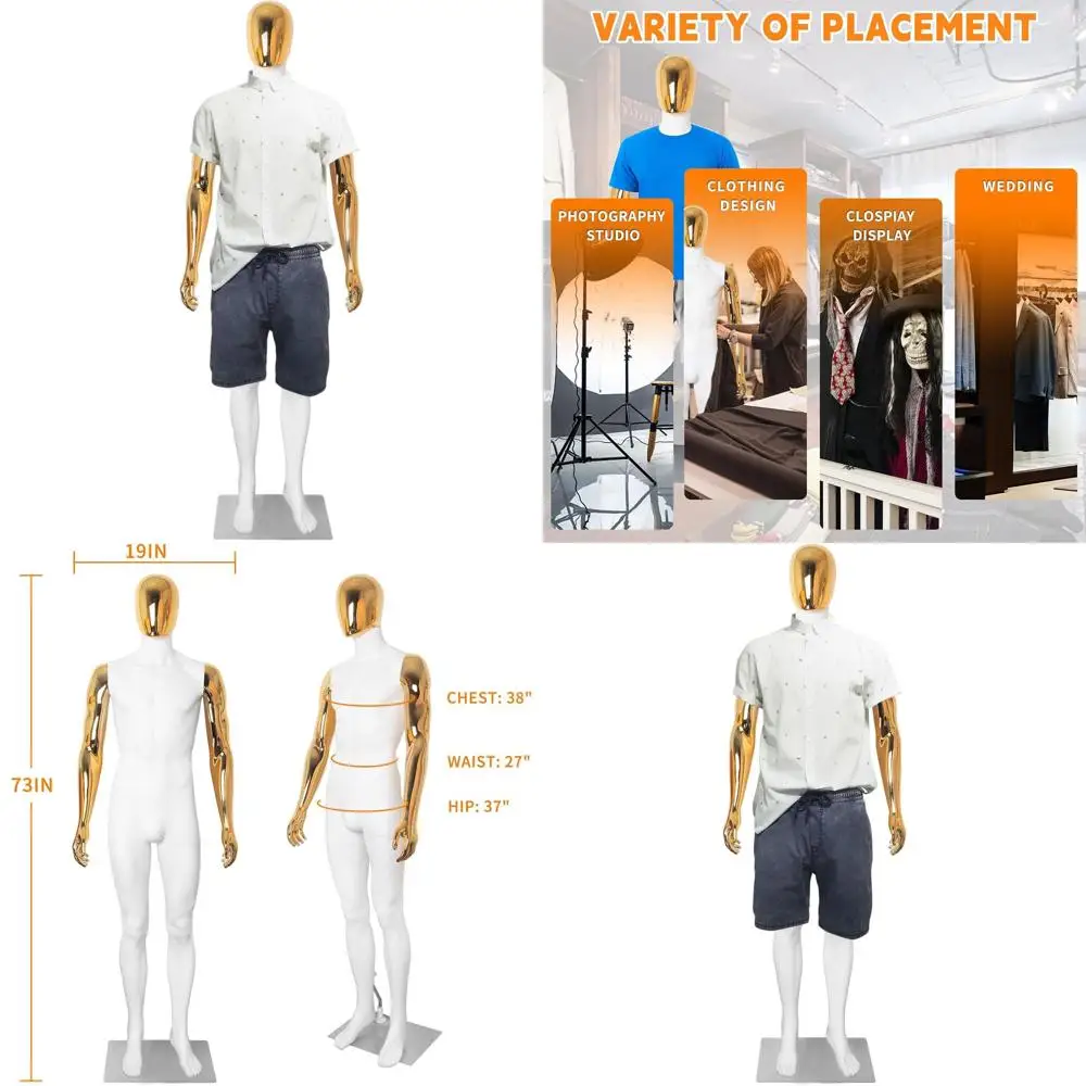 

Манекен мужской в полный рост (73 см) - реалистичный, регулируемый, разборный, из пластика, с белым телом и золотыми руками, на металлической подставке
