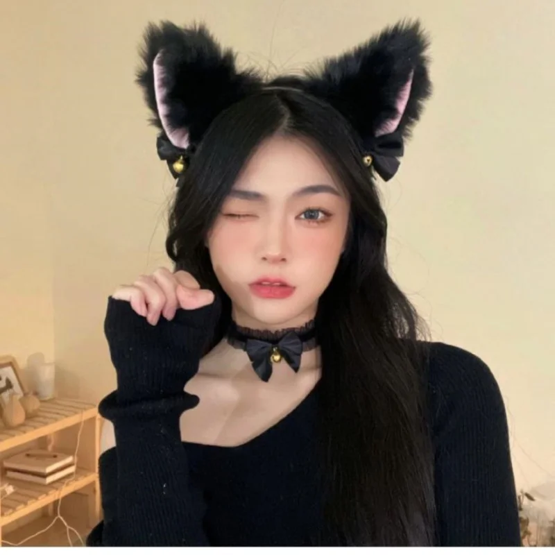 Fox Cat Ears Fur Headband Hoops Lace Bell Bow Necklace Plush Hairband Halloween Cosplay Props Headwear Christmas Party Gifts