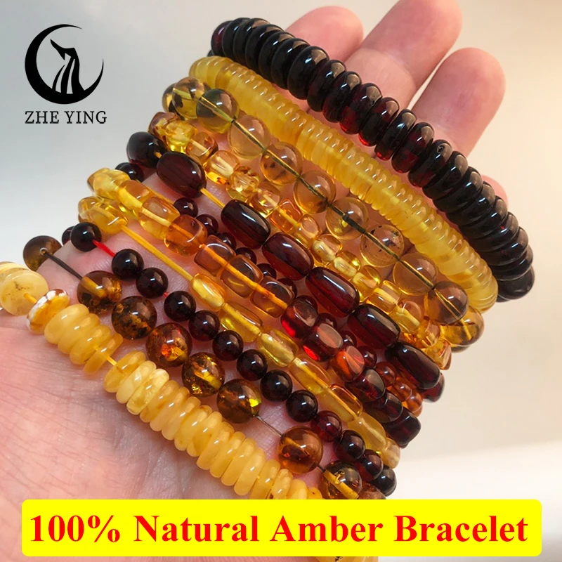 Zhe Ying 100% Natural Amber Bracelet Healing Energy Gemstone Stretch Men Women Bracelets Fashion Jewelry Gift