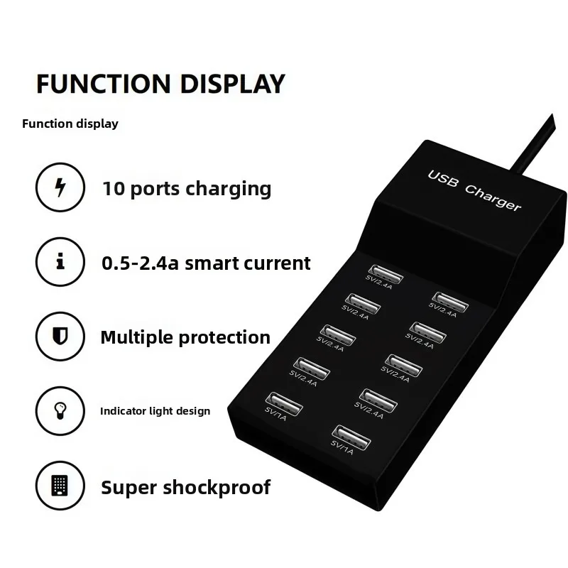 10-Port Multiple USB Charging Station Multi Ports USB Charger Charging for Tablet Laptop Computer