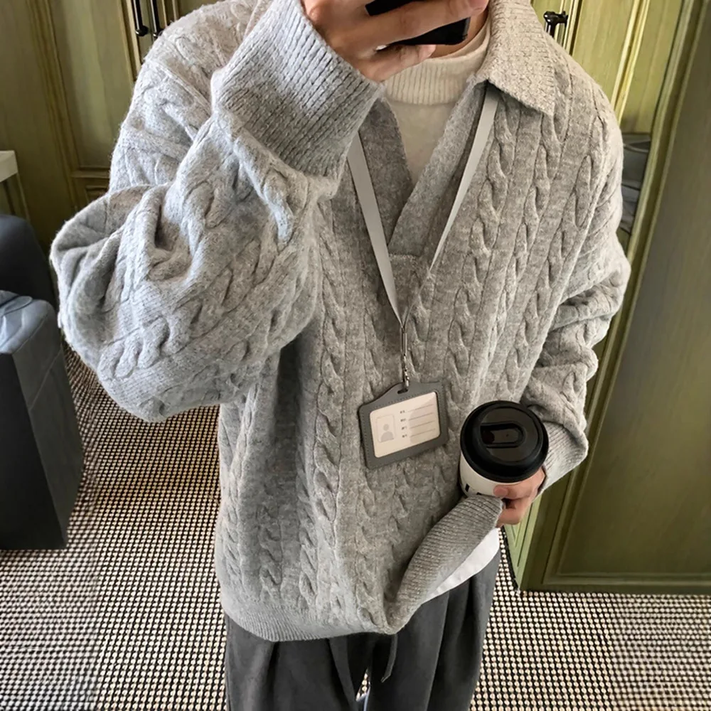 Man Knitting Sweater 2025 Winter Men's Grey Fake Two Piece Sweater Non Pilling V Neck Lazy Layering Knitwear