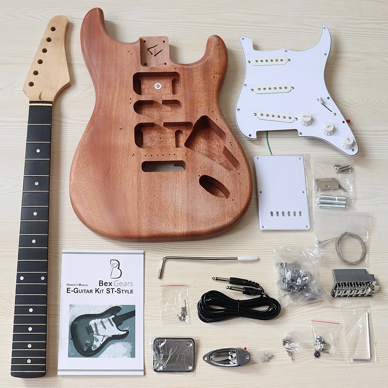 ST Electric Guitar Body & Neck Kit Okoume Wood Barrel Maple Neck 22 Frets White Pickguard Unfinished Project DIY Guitar Parts