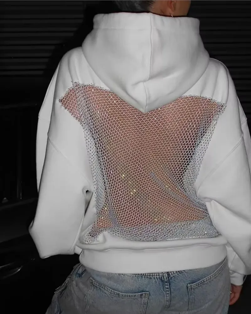 American Sexy Hot Sweetheart Hoodie mit offenem Rücken Y2K Kleidung Damenmode Transparent Mesh Hoodie Sexy Hohl Mesh Pullover