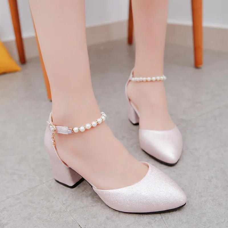 Luxury Pumps Women Wedding Bride Spring Summer Female Shoes Shallow Baotou Sandals Rough With 6cm High Heels Thick Middle Heel