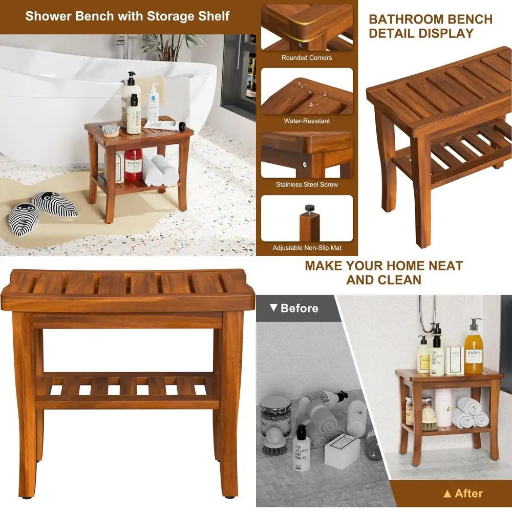 

Teak Shower Bench with Storage and Non-Slip Feet, Waterproof Spa Bath Stool for Indoor/Outdoor Use, 2024 Model