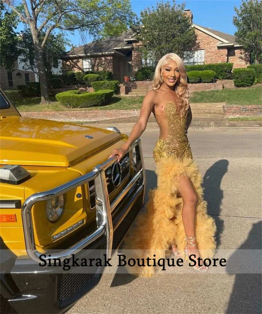 Sparkly Gold Prom Gown 2026 Bead Crystal Tiered Ruffles Vestidos De Festa Birthday Party Dress Graduation Party Customized