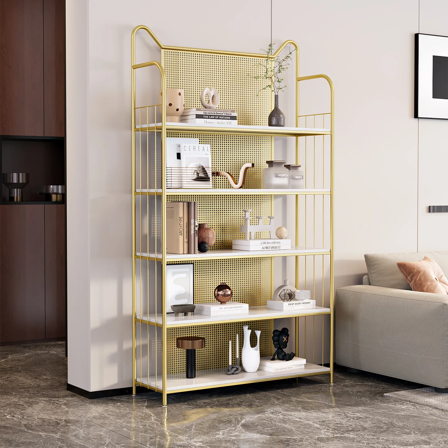 

Wrought iron shelves, multi-layer light luxury display shelves, living room design, hole storage shelves, floor bookshelves