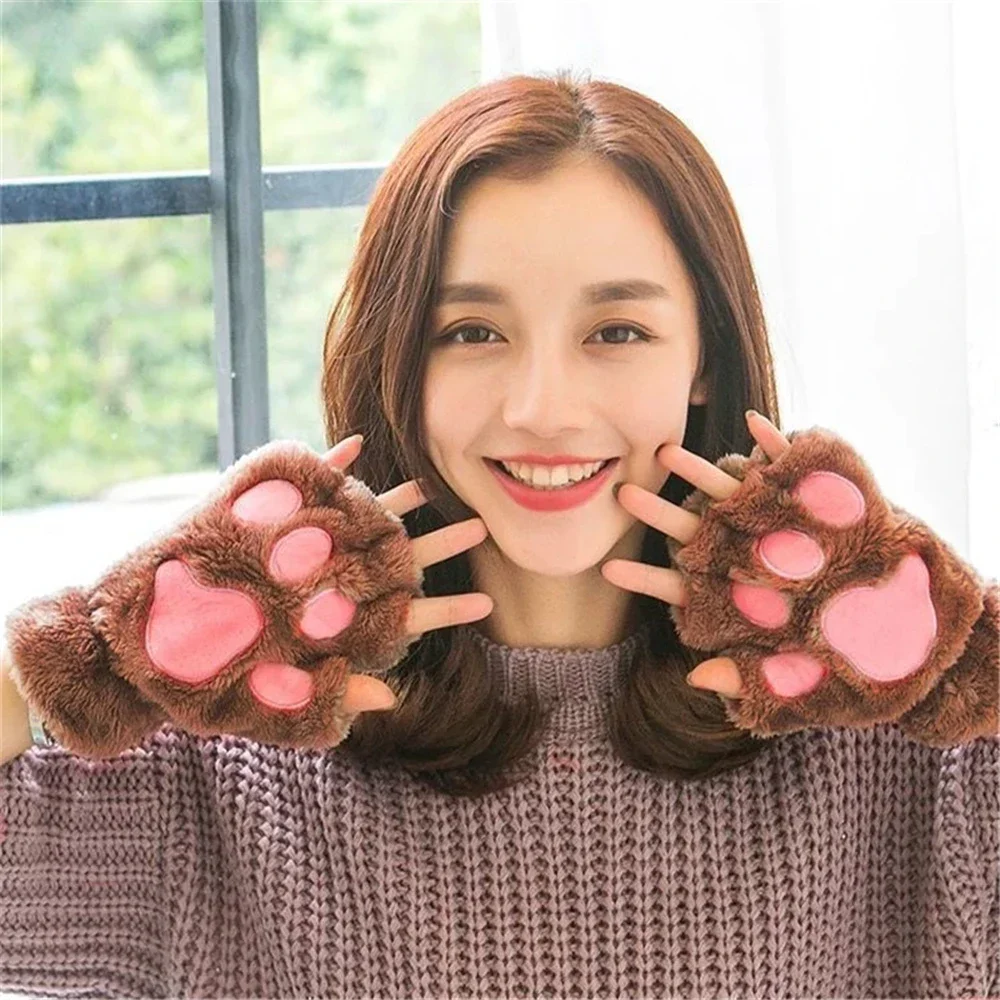 New Winter Gloves Women Bear Plush Cat Paw Claw Gloves Cute Kitten Fingerless Mittens Christmas Halloween for Girls Gift Gloves