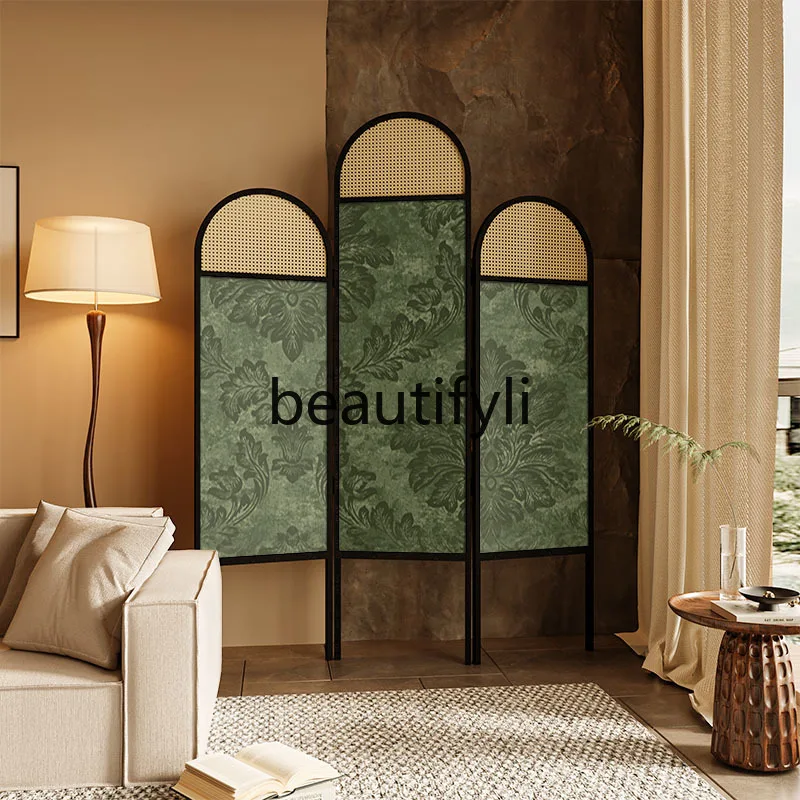 

French medieval green leaf screen home partition living room porch cover dining room bedroom solid wood rattan folding screen