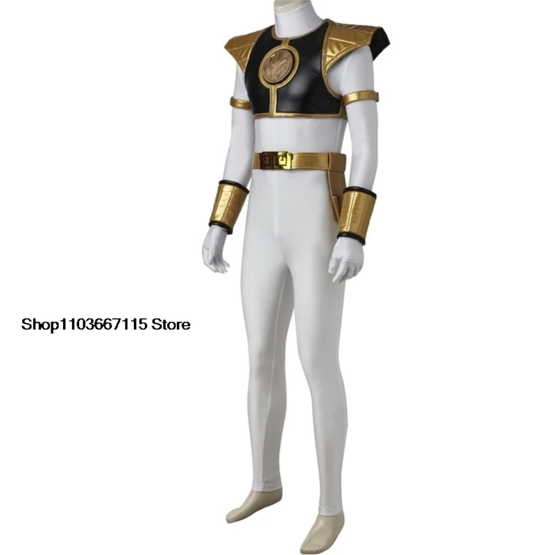 Tommy Oliver Cosplay Halloween Superhero Rangers Costume Zentai Jumpsuit White Tyranno Soldier Uniform Battle Armor Bodysuit