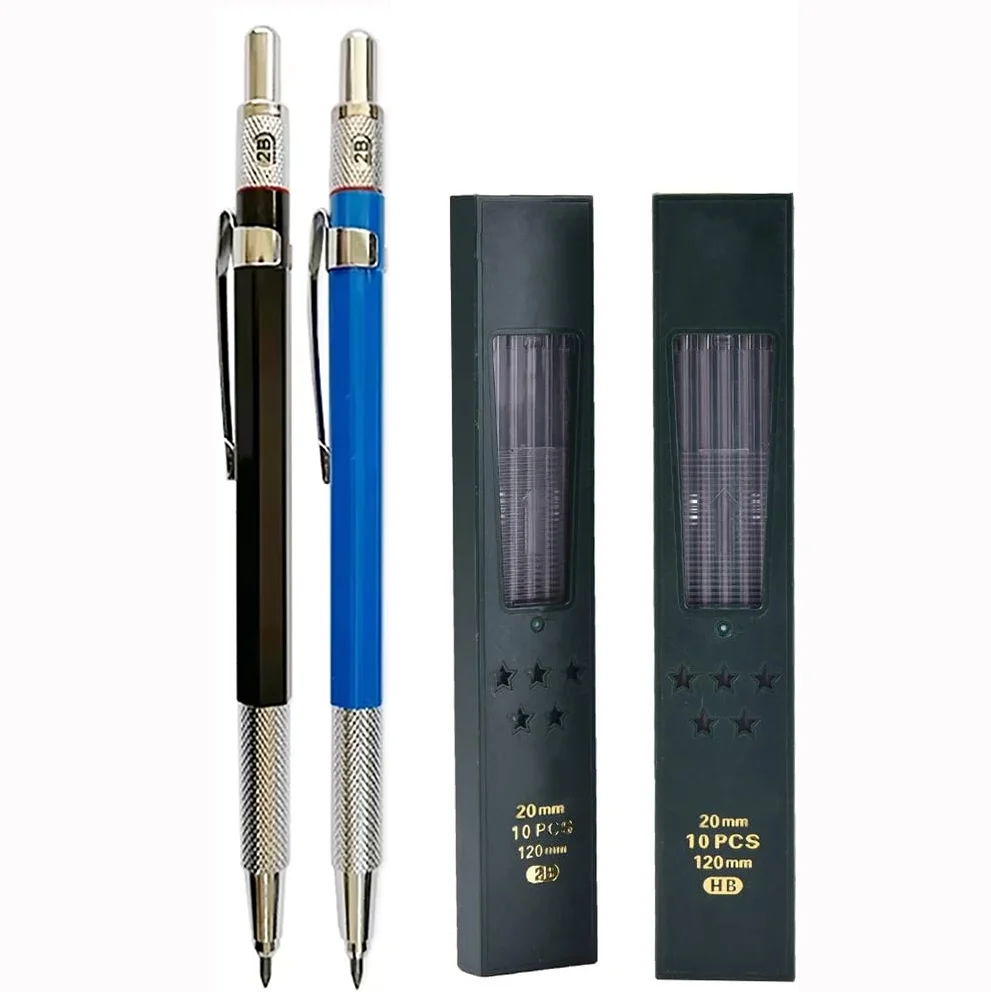 2.0mm Mechanical Pencil 2mm Lead Pencil for Draft Drawing Carpenter Crafting Art Sketching (Set of Pencils and Leads)