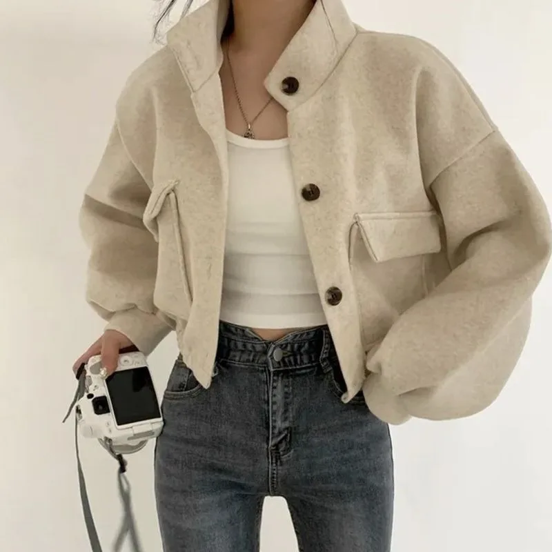 Fall Winter Women Korean Jacket Stand Collar Button Closure Cropped Short Length Design Lazy Casual Street Cool Coat