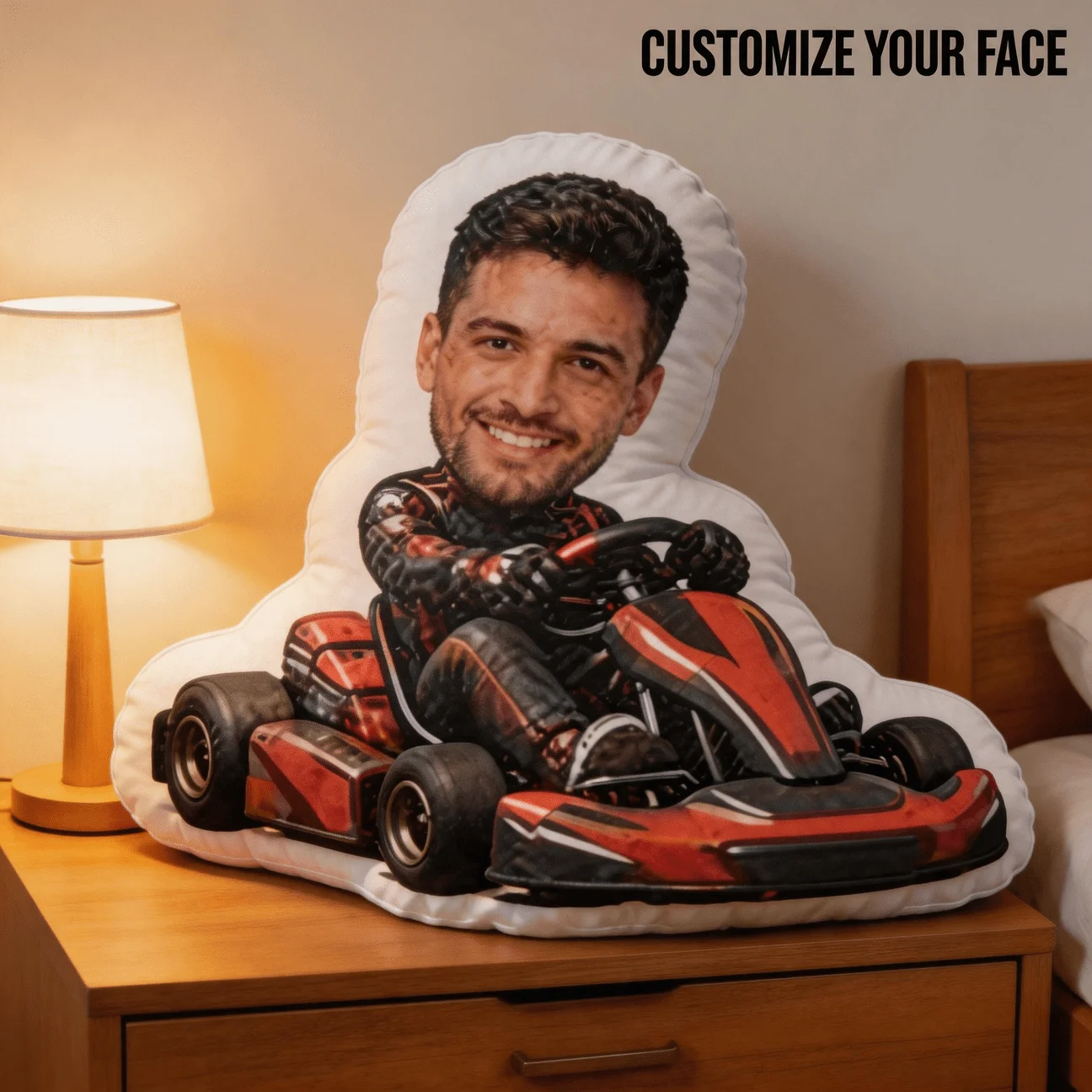 Custom Face Kart Racing Shaped Pillow, Personalized Photo Decorative Cushion, 60CM Large Size Accent Pillow Sofa Bedroom Gift