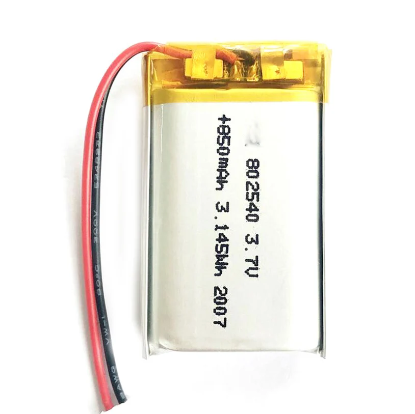 2/5/10/20 pces 3.7v 850mah 802540 bateria de íon de polímero de lítio 2.0mm jst conector