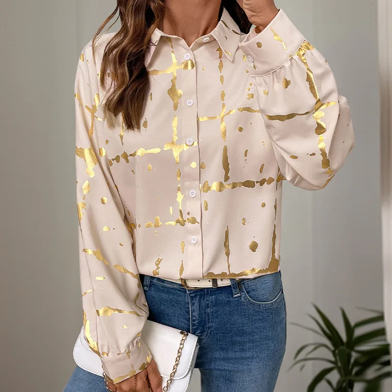 

Blouses Women Shirt Turn Down Collar Full Sleeve Tops Print Top Y2k Streetwear Elegant Splice Casual Shirts 2025 Autumn Winter
