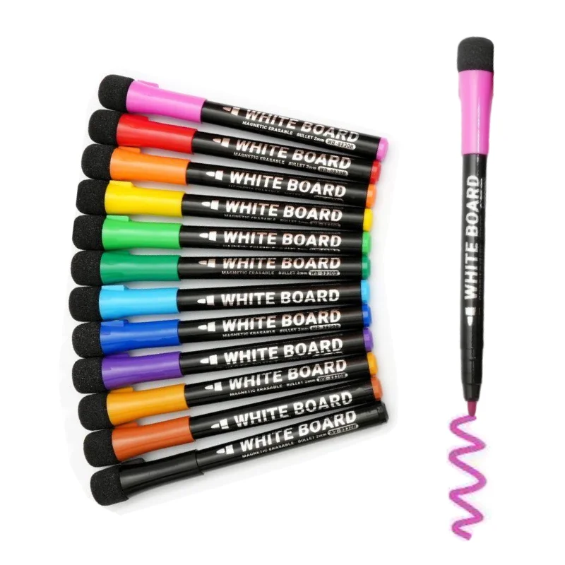 12COLORS Magnetic Dry Erase Markers, with Erasers, Quick drying ink / Easy to erase,Work On White board & Calendar, Refrigerator