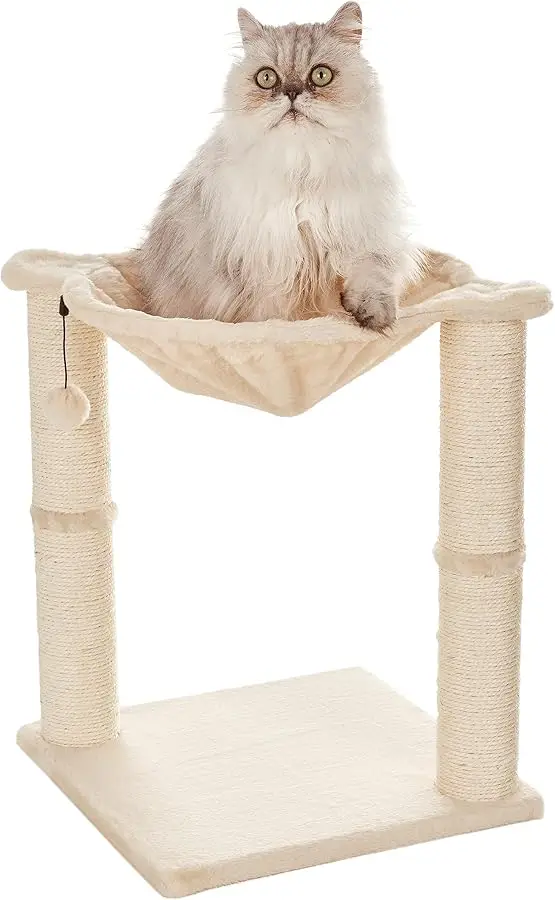 

Amazon Basics Cat Condo Tower with Hammock Bed and Scratching Post,Easy to Assemble,Plush Hammock,Interactive Hanging Ball,Durab