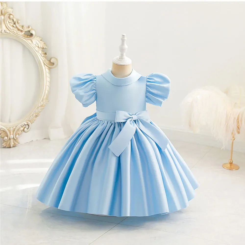 

Pink Lapel Summer Infant Baby Girls Princess Party Dress Satin Puff Sleeve Kids Clothes Toddler Wedding Gown Prom 1-6 Years