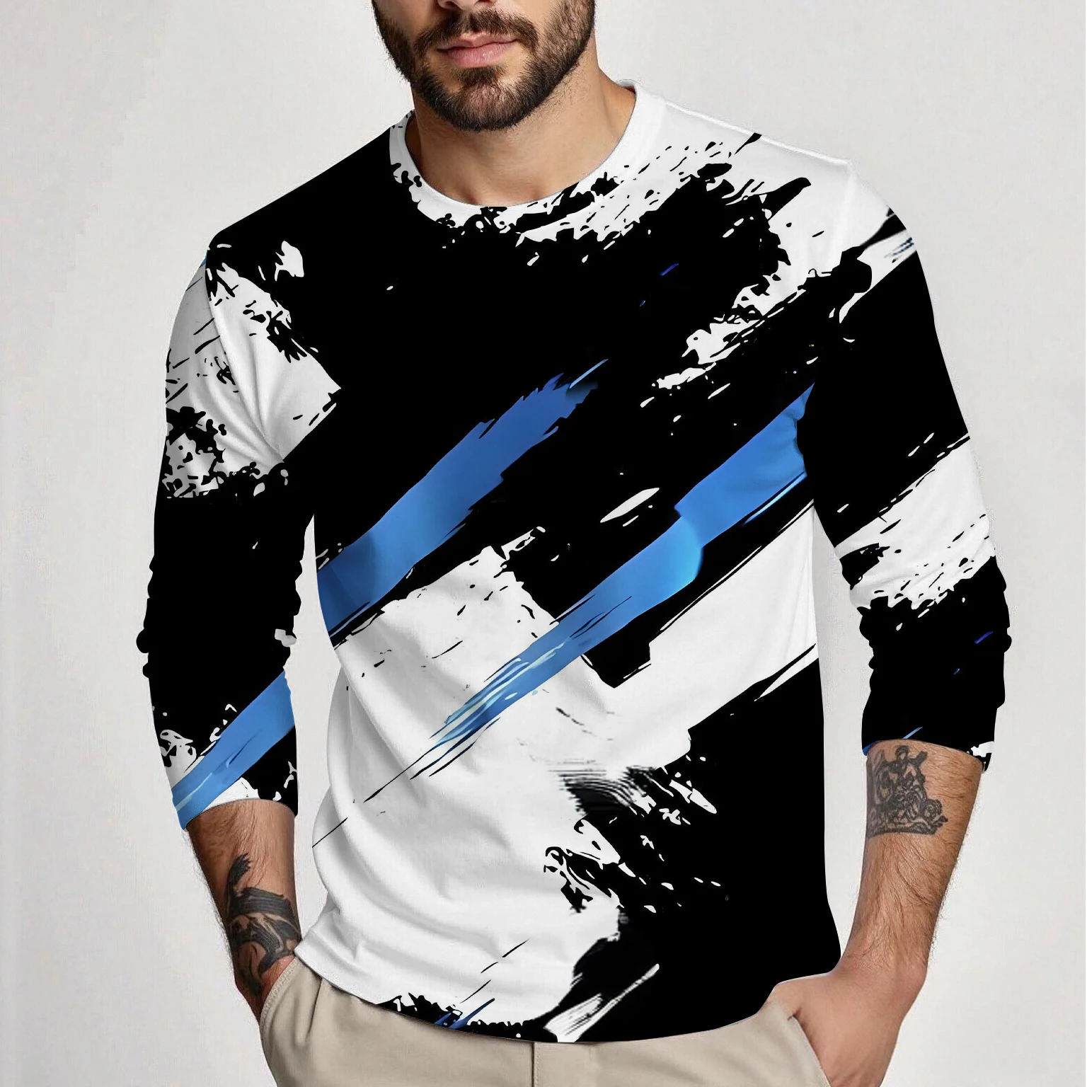 Langärmliges Rundhals-T-Shirt für Herren im Frühling und Herbst, Graffiti-Kontrastfarbe, bequemes, vielseitiges, dünnes Herrenoberteil