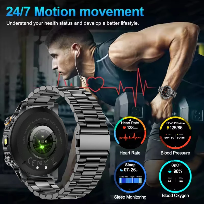 2026New Military Adventure Smartwatch Men 1000mAh big Battery Black Gold Steel  Flashlight 1.7" HD Screen Sports Smart Watch Man view 4