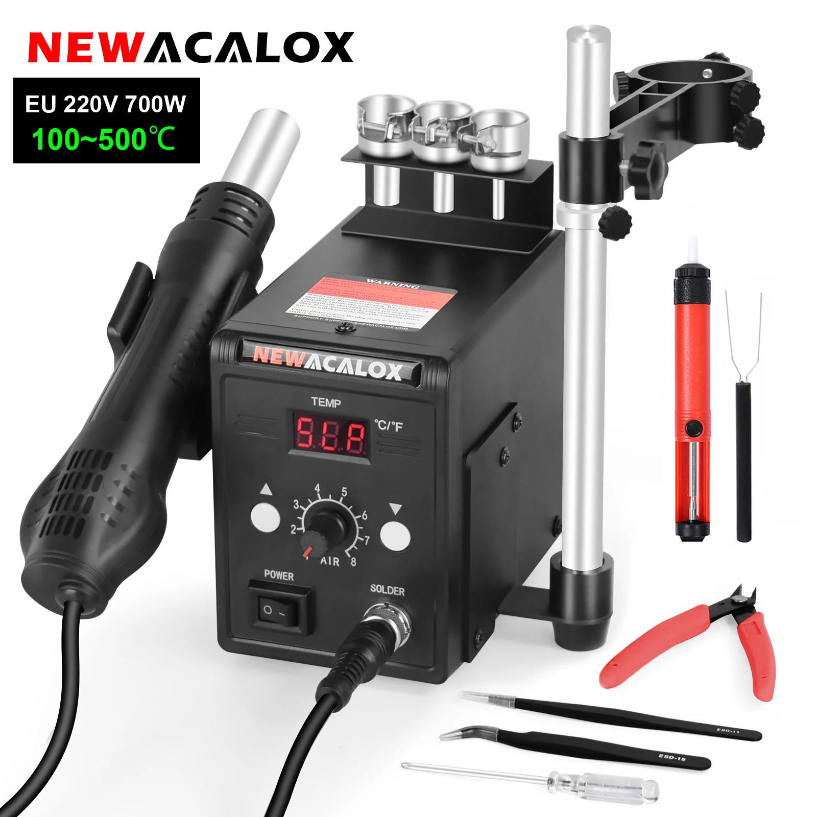 NEWACALOX 858D Digital Hot Air SMD Soldering Rework Station with Quick-Change Nozzle System 100-500℃ Adjustable Temperature