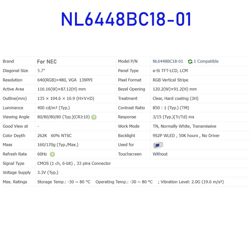 NL6448BC18-01 5.7 Inch LCD Display Screen Panel Original for NEC 33 Pins Connector Brand New Fully Tested