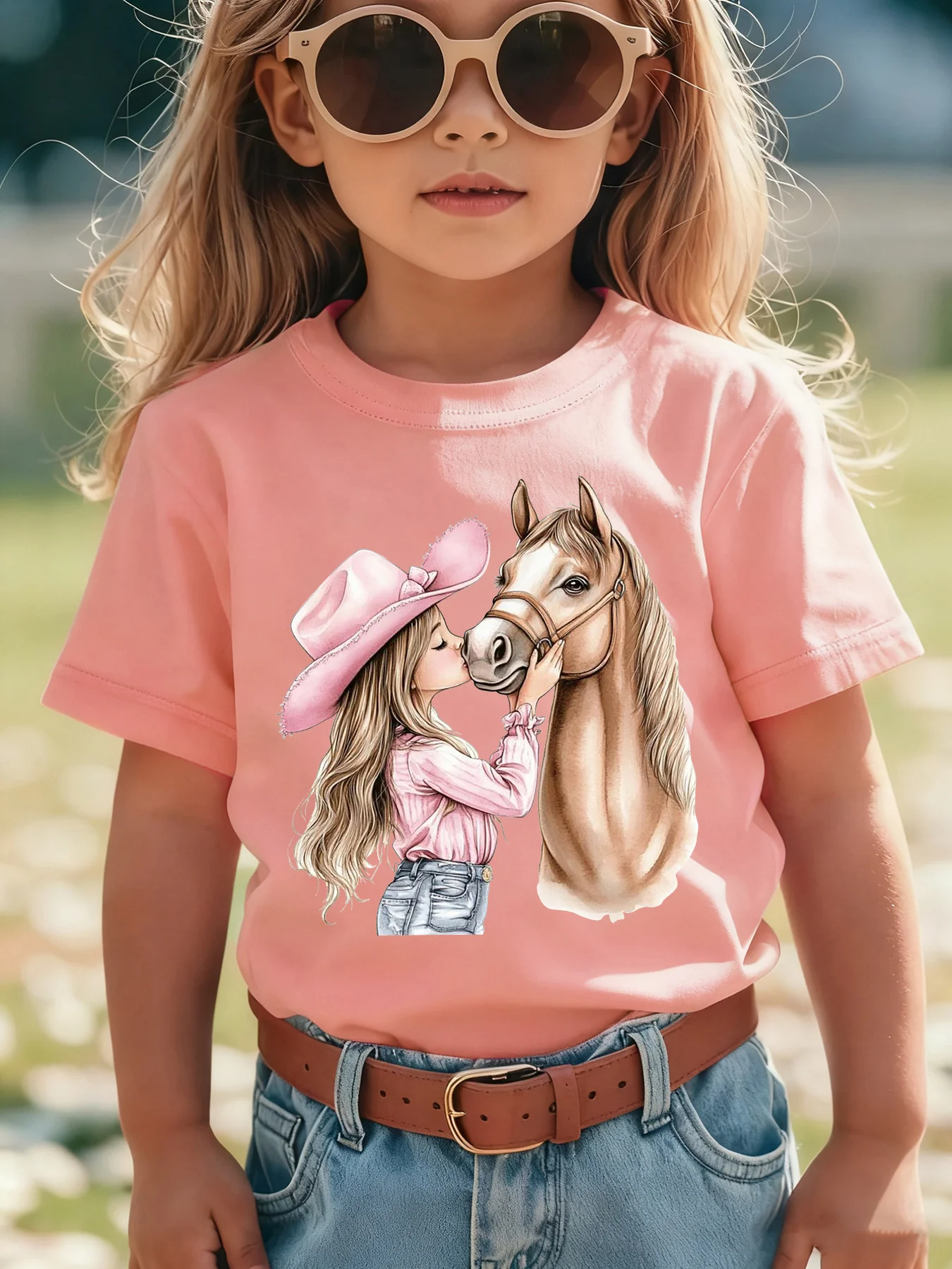 Summer Fashion Girls' Short-sleeved cotton T-shirt Pink Hat Featuring A Cartoon Girl Kissing A Horse. Casual and Versatile Top