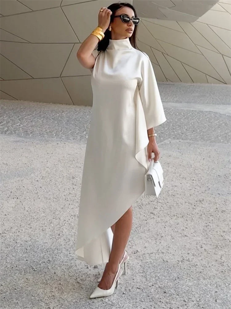 2025 New Satin Turtleneck Dress Female High Waist One-Shoulder Ruffled Patchwork Elegant Party Dress Summer Women Dress