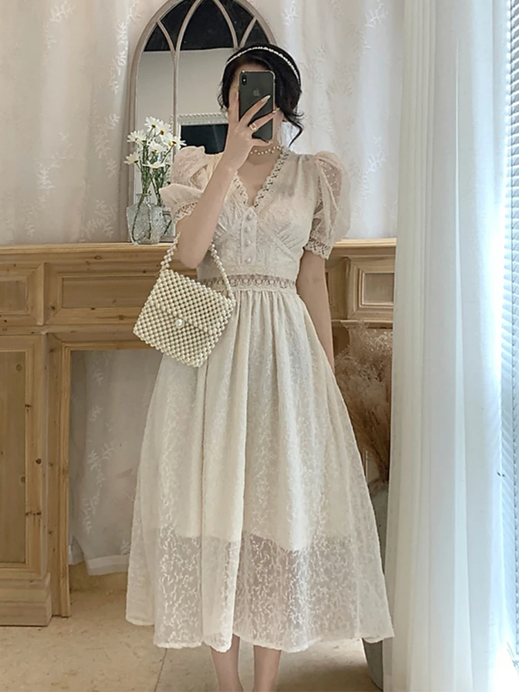 2023 Summer Elegant Lace Fairy Dresses Women Embroidery Mesh Sweet Party Long Dress Female Elegant Korean Lolita Princess Dress images - 6