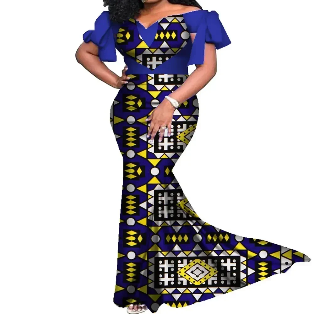 African Women Wedding Clothing with Heart Shape Slash Neck Dress Fashion Lady Elegant Wax Print Cotton Dresses WY7965