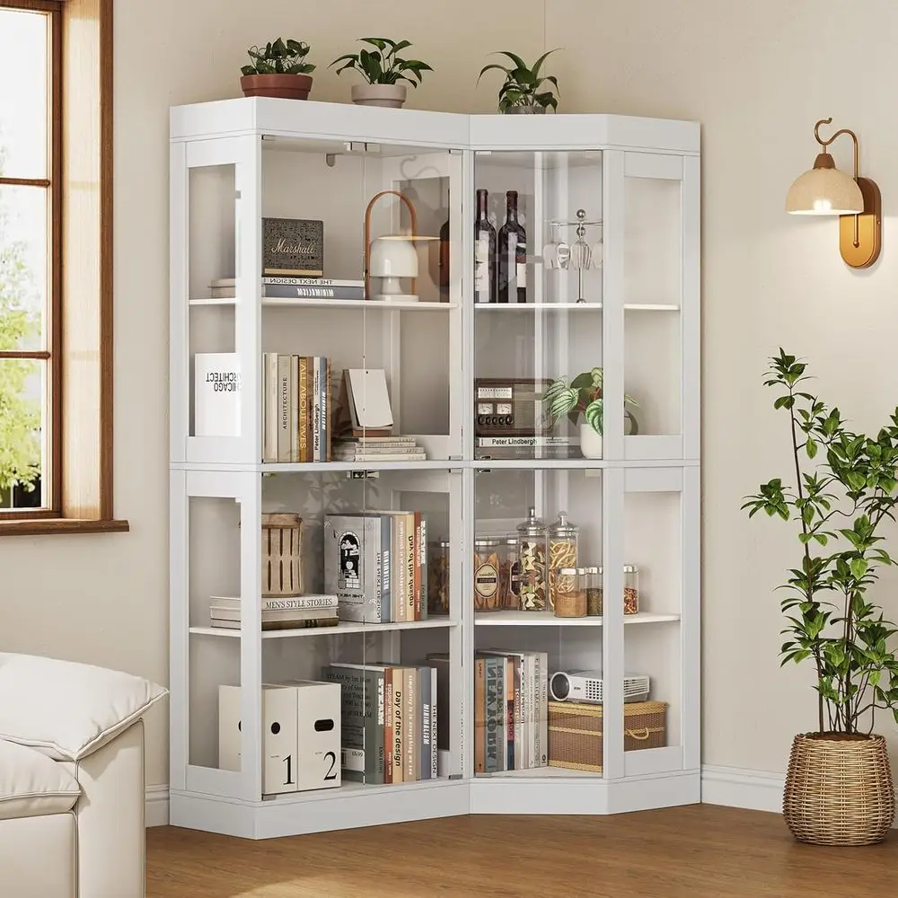 

70.1 Large L-Shaped Glass Door Cabinet with 8 Shelves and Top Rail for Living Room, Office, Kitchen - White