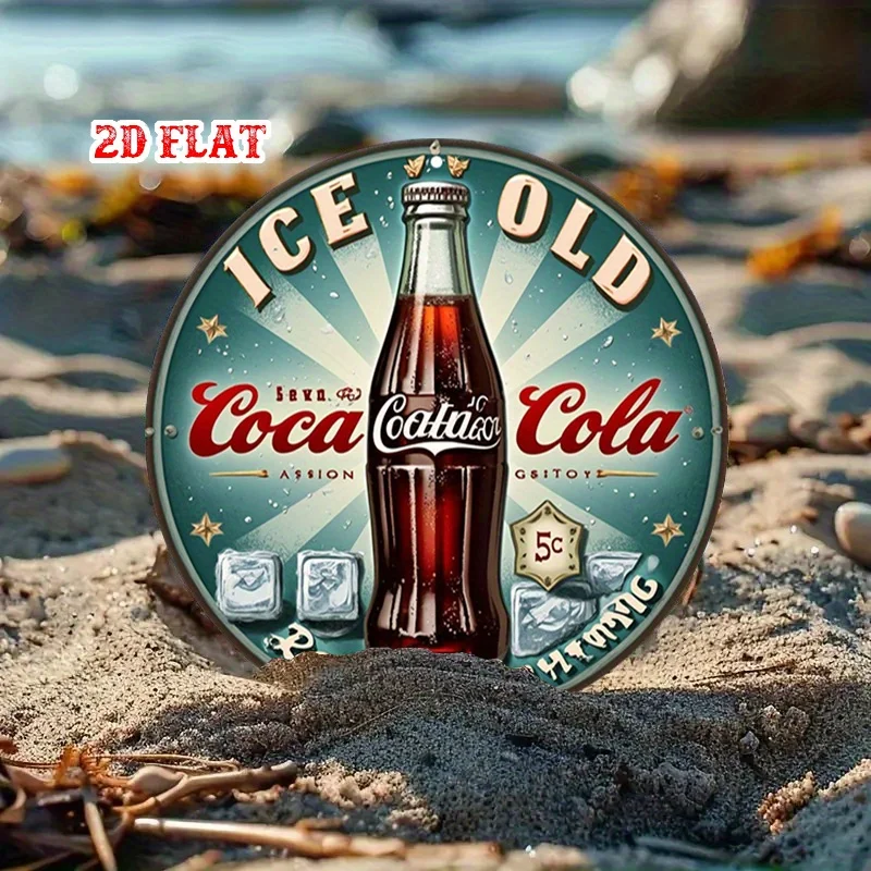 مسطح ثنائي الأبعاد، قطعة واحدة من زجاجة الصودا العتيقة لتزيين الحائط المعدني القديم - علامة إعلان المشروبات الكلاسيكية، ألوان ريترو باللون الأحمر والأزرق المخضر، جراج العشاء #3