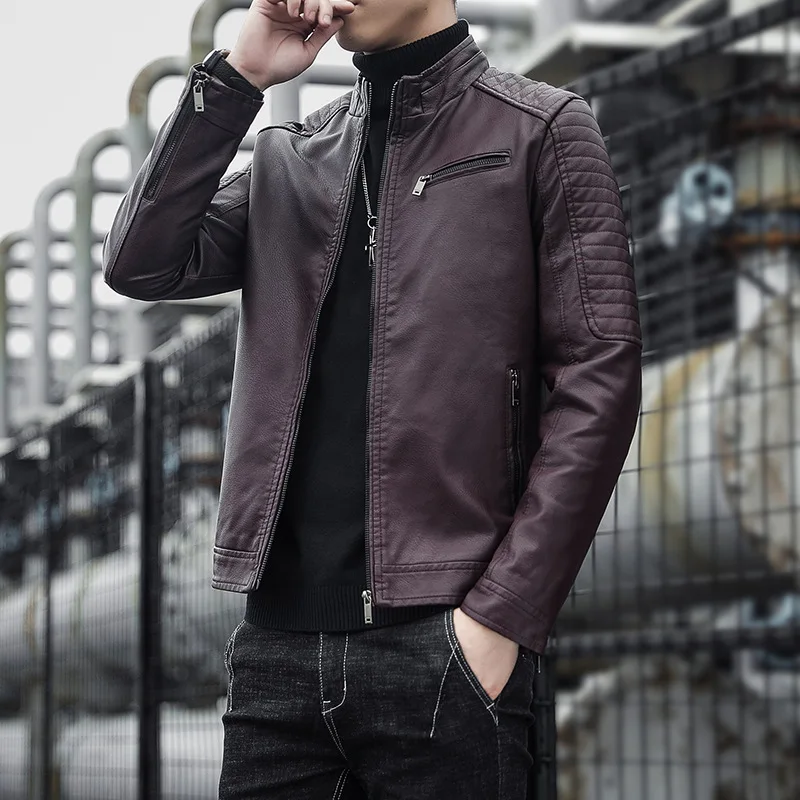 Fall 2023 Men's New Stand Collar Leather Jacket Youth Machine Version Slim PU Leather Jacket